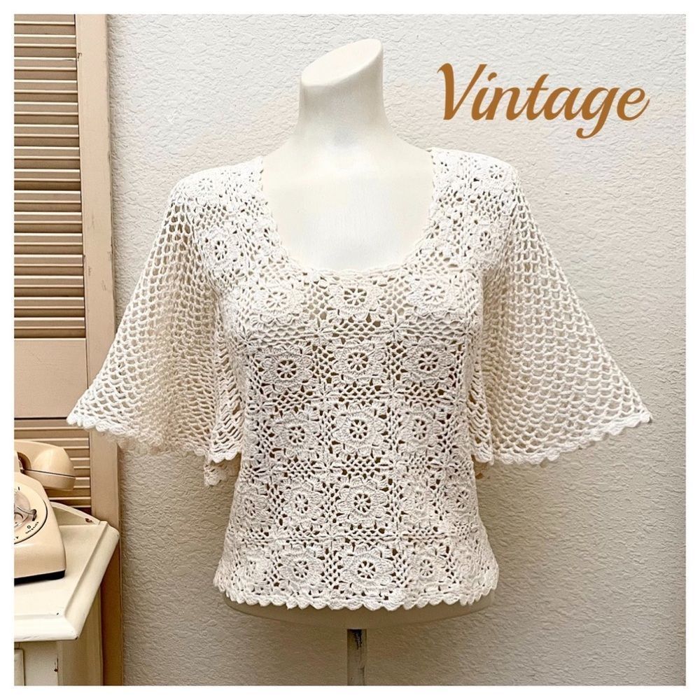 Vintage Ivory Cotton Crochet Angel Wing Bell Sleeve Top Sweater, Medium